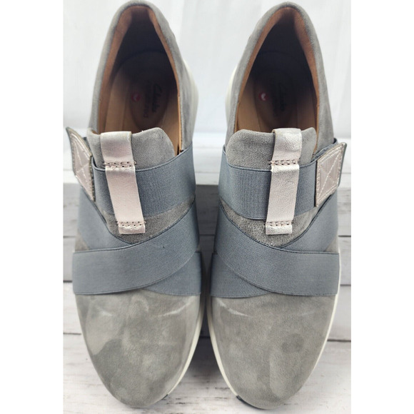 Clarks Unstructured Gray/Blue Hook & Loop Slip On Fabric Women's Size 9.5M Shoes - Picture 2 of 11